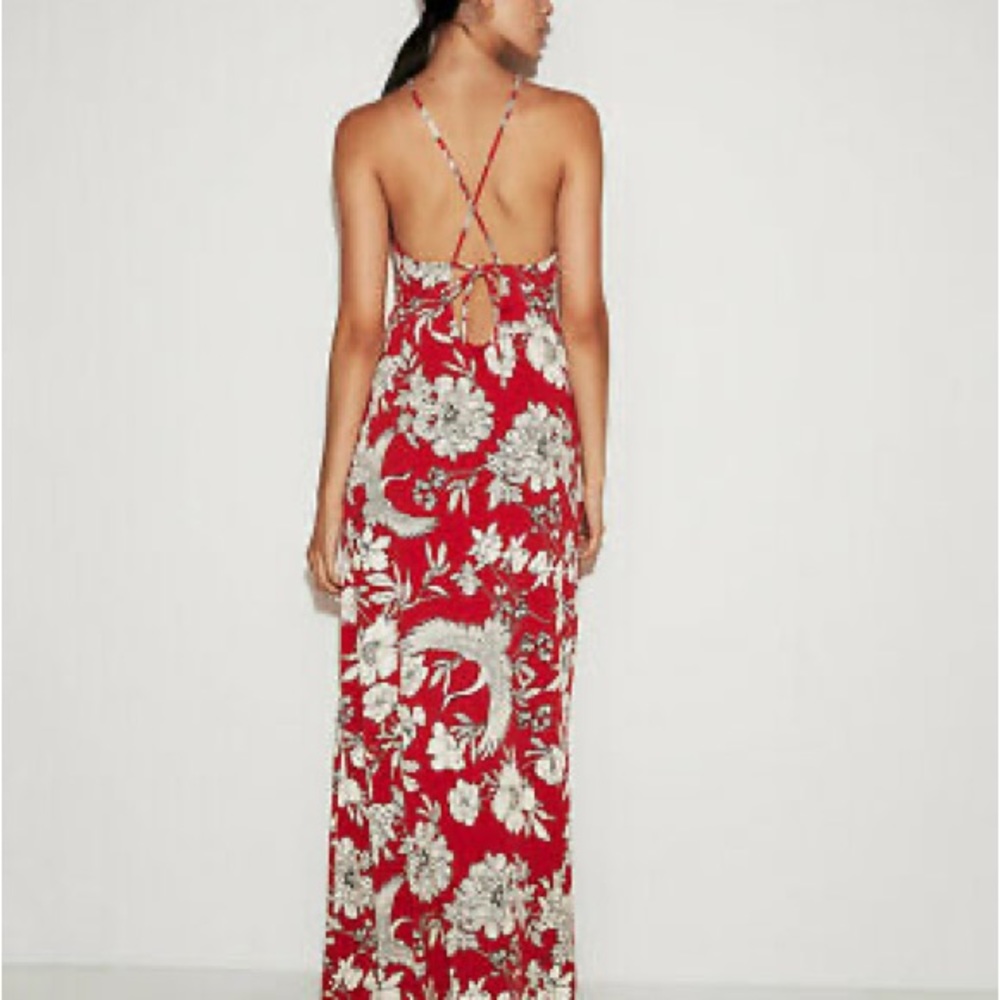 Express Red Floral Halter Maxi Dress With A Side Slit